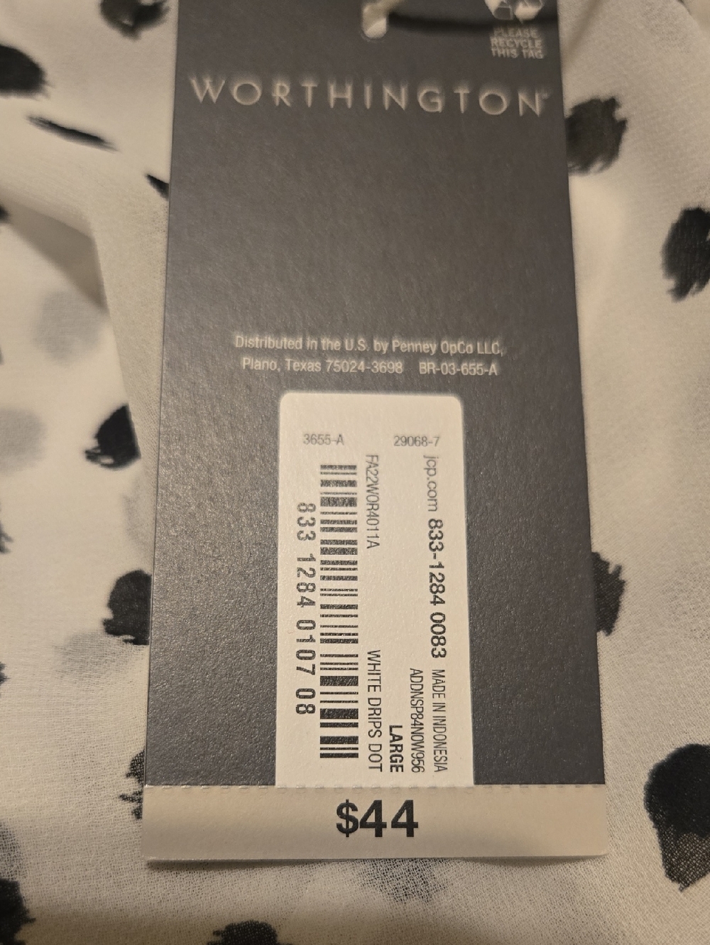 Worthington Polka Dot Long-Sleeve Blouse - White with Black Dots Size Large NWT - Picture 7 of 7